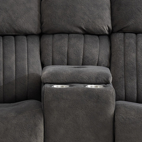 Morgan 2 Seater Manual Recliner Sofa With Console in Iron, front detail of the centre console between the seats