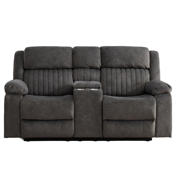 Morgan 2 Seater Manual Recliner Sofa With Console in Iron, front view with the footrests closed