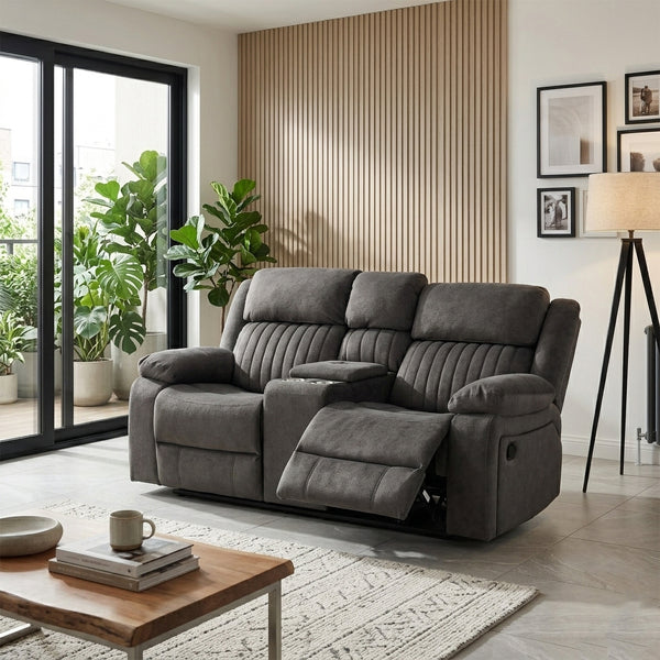 Morgan 2 Seater Manual Recliner Sofa With Console in Iron, in a living room setting with a footrest extended