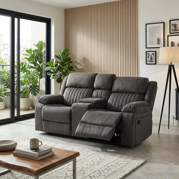 Morgan 2 Seater Manual Recliner Sofa With Console in Iron, in a living room setting with a footrest extended