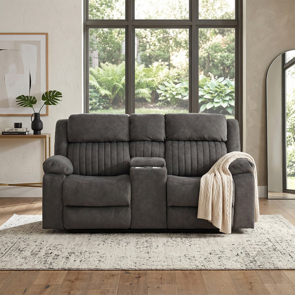 Morgan 2 Seater Manual Recliner Sofa With Console in Iron, in a living room setting