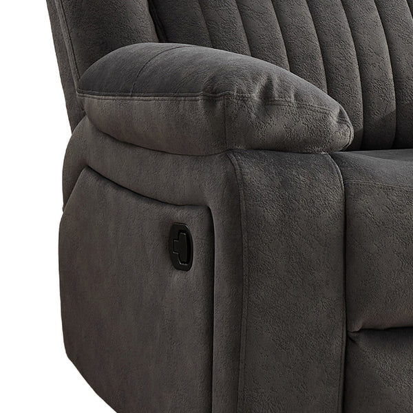 Morgan 2 Seater Manual Recliner Sofa With Console in Iron, close-up of the manual reclining handle beneath the padded armrest