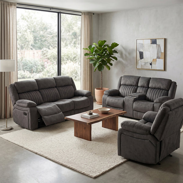 Morgan 2 Seater Manual Recliner Sofa With Console in Iron, with matching Morgan seating in a living room