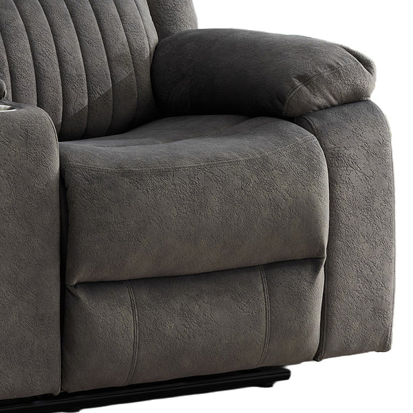Morgan 2 Seater Manual Recliner Sofa With Console in Iron, close-up of the fabric seat and padded armrest