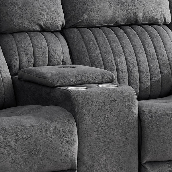 Morgan 2 Seater Manual Recliner Sofa With Console in Slate Grey, close-up of the centre console and cup holders