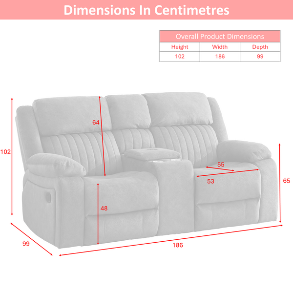 Morgan 2 Seater Manual Recliner Sofa With Console in Slate Grey, width, depth and height dimension diagram