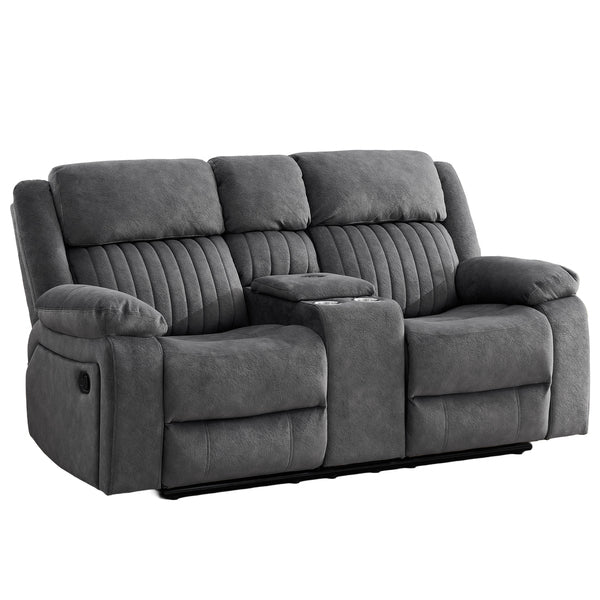 Morgan 2 Seater Manual Recliner Sofa With Console in Slate Grey, front view with the footrests closed