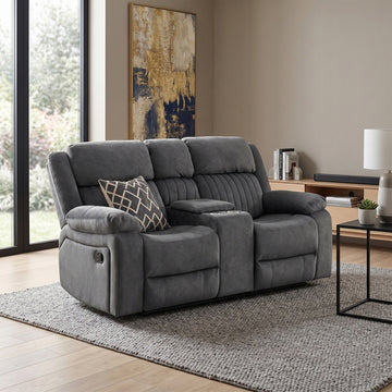 Morgan 2 Seater Manual Recliner Sofa With Console in Slate Grey, in a living room setting