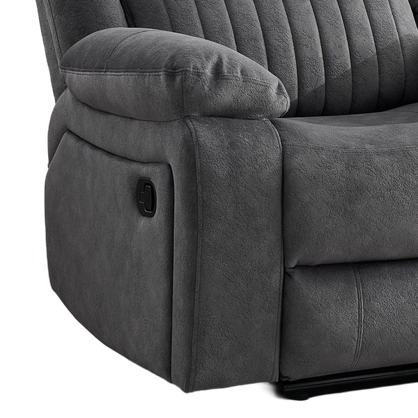Morgan 2 Seater Manual Recliner Sofa With Console in Slate Grey, close-up of the manual reclining handle beneath the padded armrest