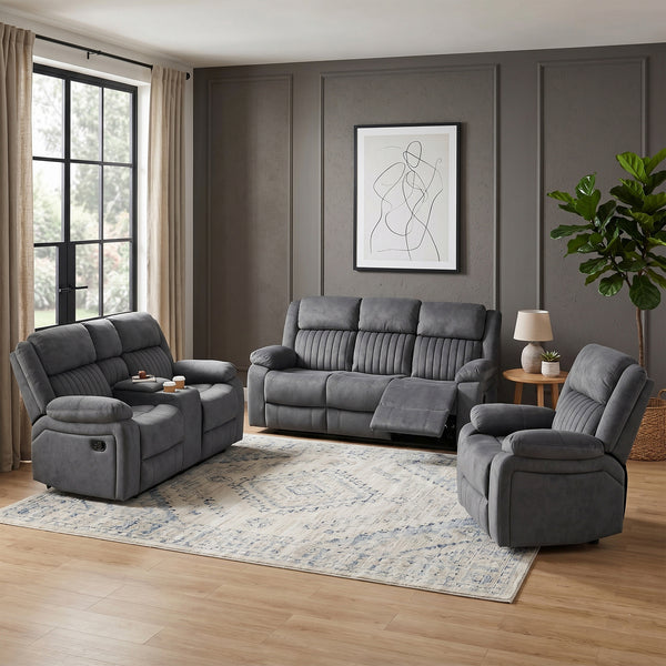 Morgan 2 Seater Manual Recliner Sofa With Console in Slate Grey, with matching Morgan seating in a living room
