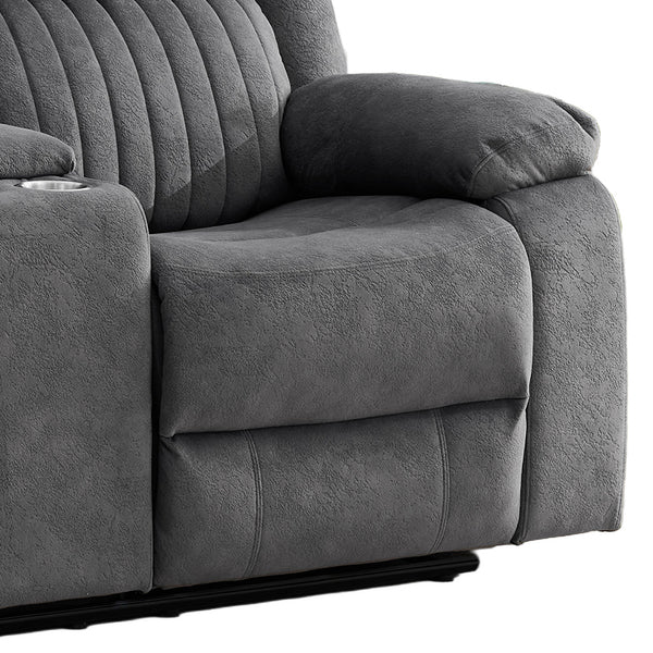 Morgan 2 Seater Manual Recliner Sofa With Console in Slate Grey, close-up of the fabric seat and padded armrest