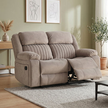 Morgan taupe two seater manual recliner sofa with footrest raised