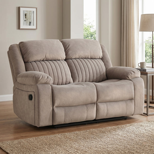 Morgan taupe two seater recliner sofa in upright position