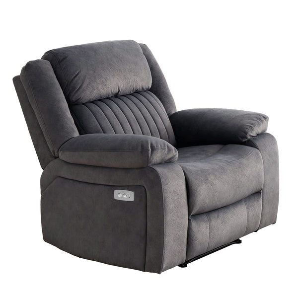 Morgan 3+1+1 Electric Recliner Suite in Slate Grey, matching recliner armchair shown at an angle