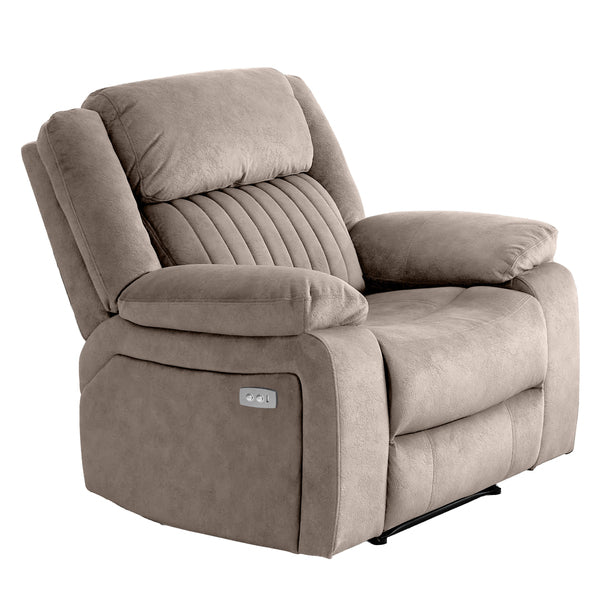 Morgan 3+1+1 Electric Recliner Suite in Taupe, matching recliner armchair shown at an angle