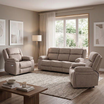 Morgan 3+1+1 Electric Recliner Suite in Taupe, in a living room setting