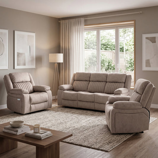 Morgan 3+1+1 Electric Recliner Suite in Taupe, in a living room setting