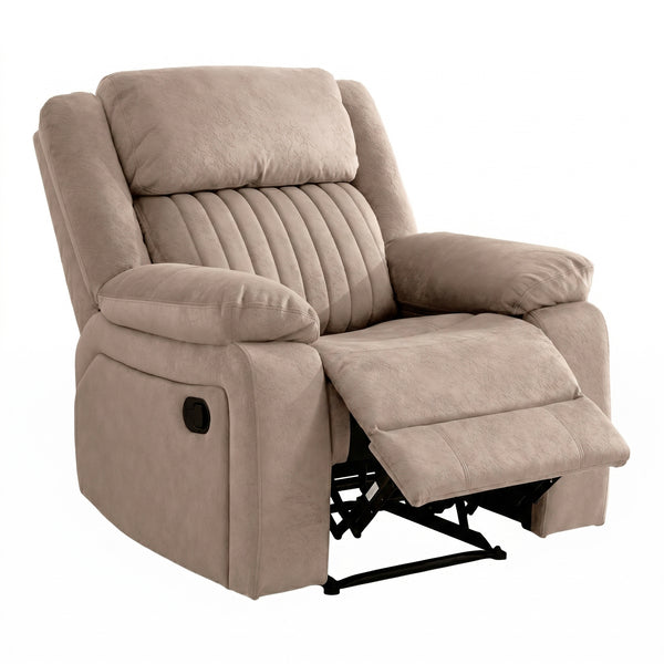 Morgan 3+1+1 Manual Recliner Suite in Taupe, matching armchair with its footrest extended