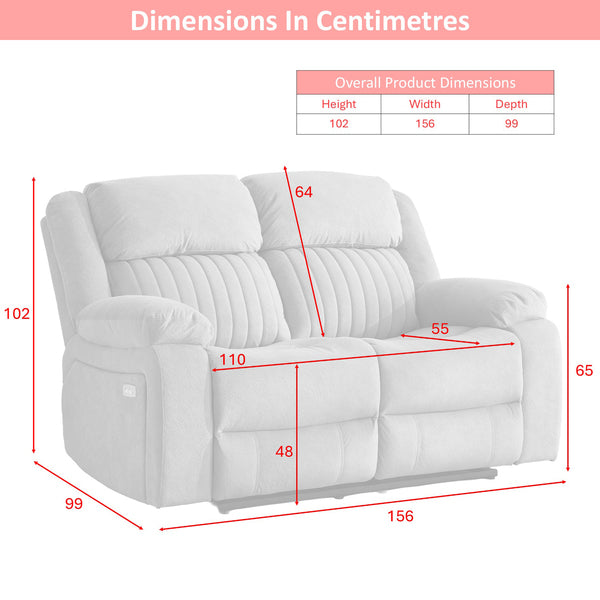 Morgan 3+2 Electric Recliner Suite in Slate Grey, 2-seater sofa dimension diagram