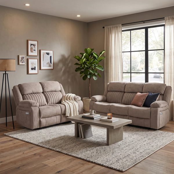Morgan 3+2 Electric Recliner Suite in Taupe, in a living room setting