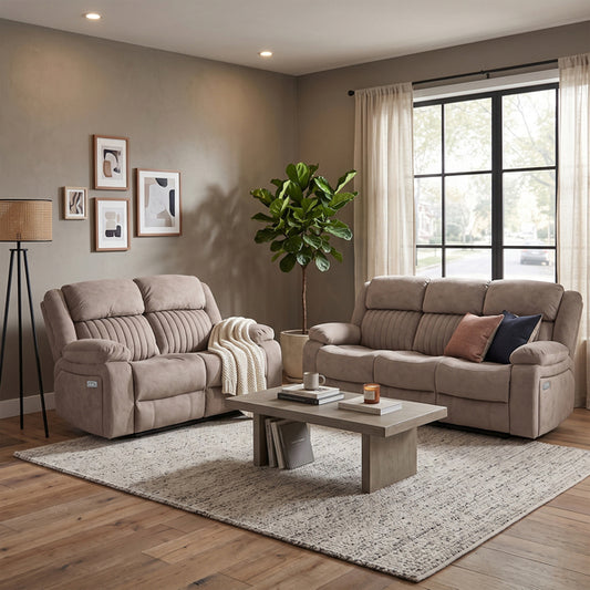 Morgan 3+2 Electric Recliner Suite in Taupe, in a living room setting
