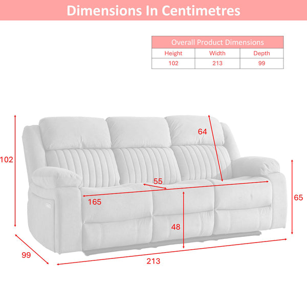 Morgan 3 Seater Electric Recliner Sofa in Slate Grey, width, depth and height dimension diagram