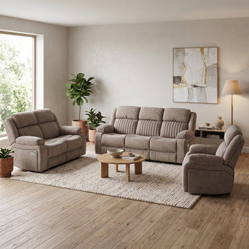 Morgan 3 Seater Electric Recliner Sofa in Taupe, with matching Morgan seating in a living room
