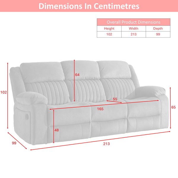 Morgan 3 Seater Manual Recliner Sofa in Iron, width, depth and height dimension diagram