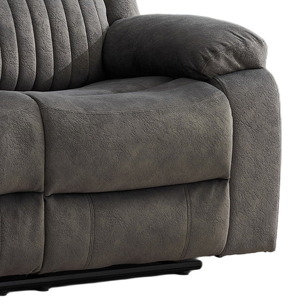 Morgan 3 Seater Manual Recliner Sofa in Iron, close-up of the fabric seat and padded armrest