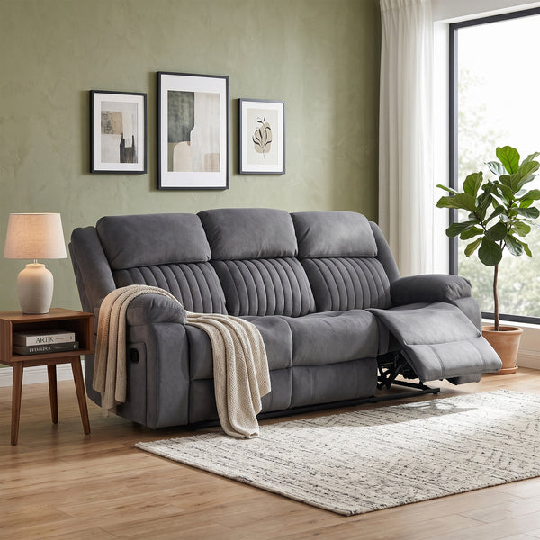 Morgan 3 Seater Manual Recliner Sofa in Slate Grey, in a living room setting with a footrest extended