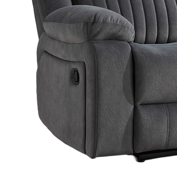 Morgan 3 Seater Manual Recliner Sofa in Slate Grey, close-up of the manual reclining handle beneath the padded armrest