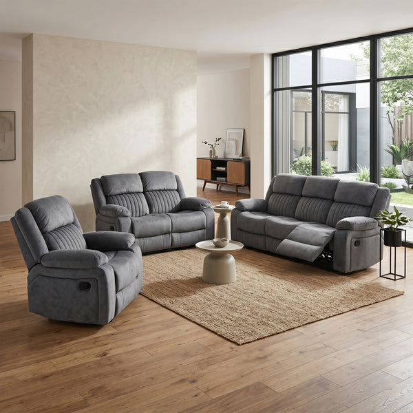 Morgan 3 Seater Manual Recliner Sofa in Slate Grey, with matching Morgan seating in a living room