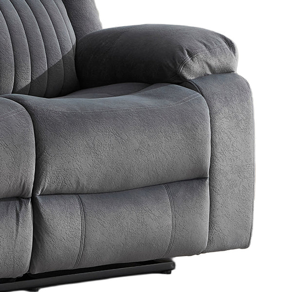 Morgan 3 Seater Manual Recliner Sofa in Slate Grey, close-up of the fabric seat and padded armrest