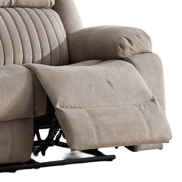 Morgan taupe three seater manual recliner sofa extended footrest detail