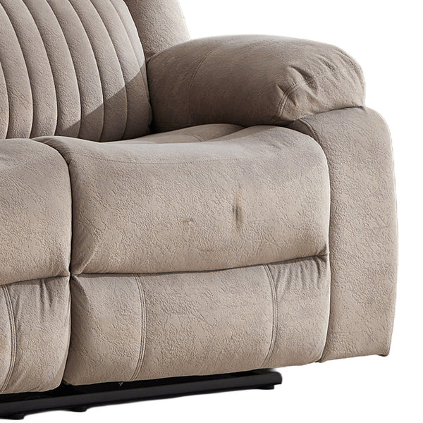Morgan taupe three seater manual recliner sofa padded armrest detail