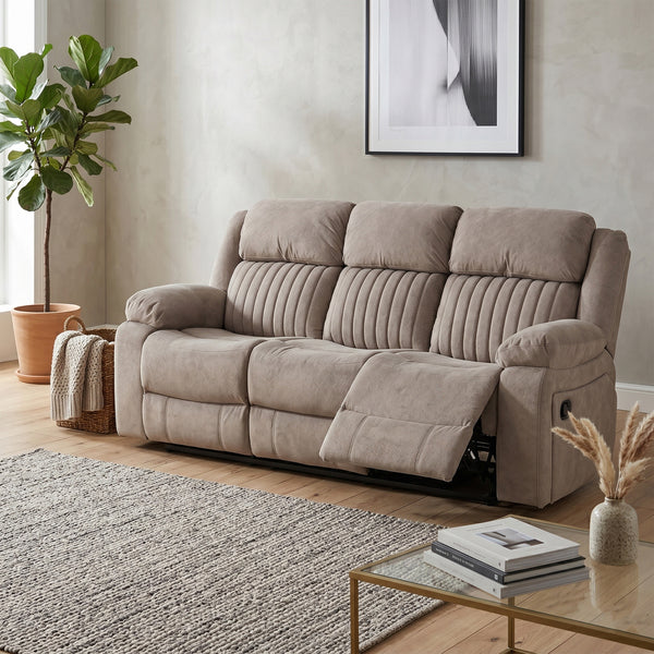 Morgan taupe three seater manual recliner sofa in a living room with footrest extended