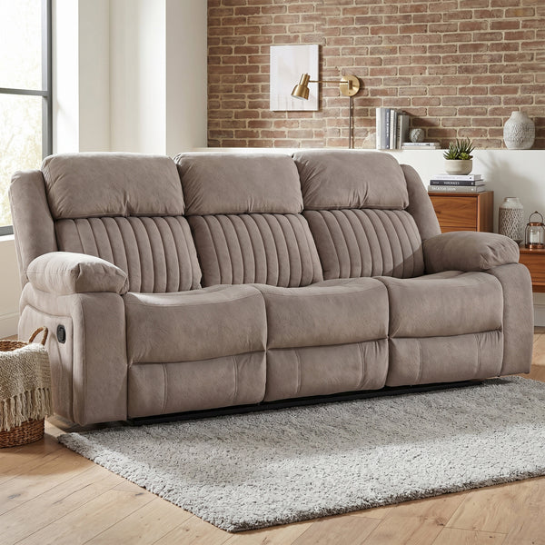 Morgan taupe three seater manual recliner sofa upright in a living room