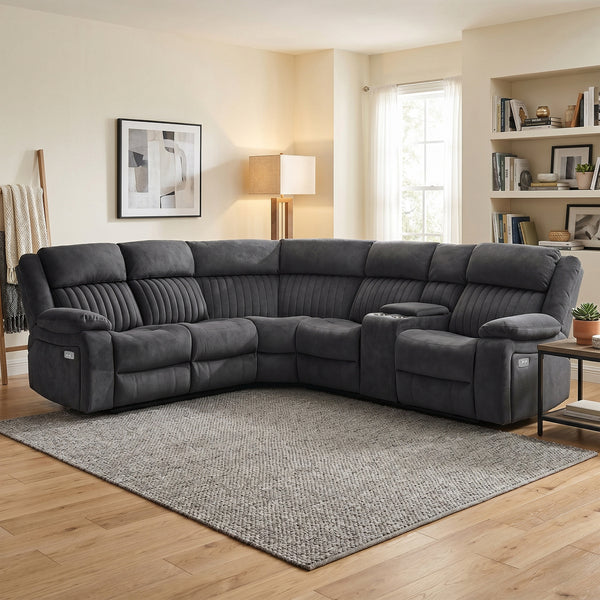 Morgan Slate Grey electric recliner corner sofa reclining in a living room