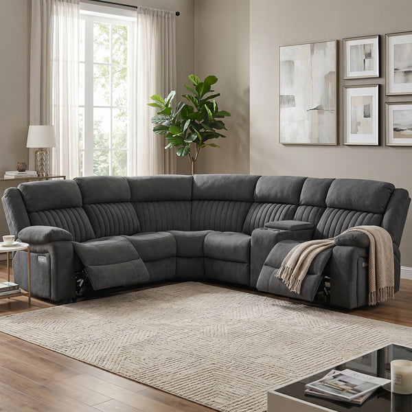 Morgan Slate Grey electric recliner corner sofa upright in a living room