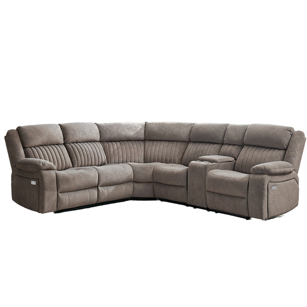 Morgan taupe electric recliner corner sofa upright on a white background
