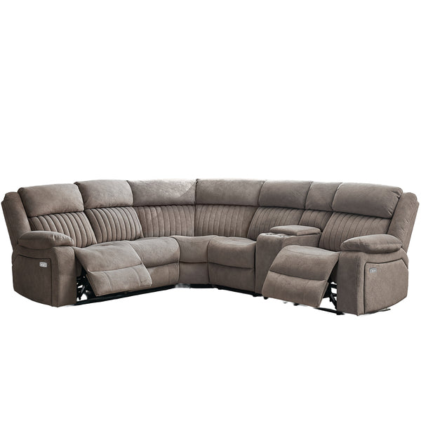 Morgan taupe electric recliner corner sofa reclining on a white background