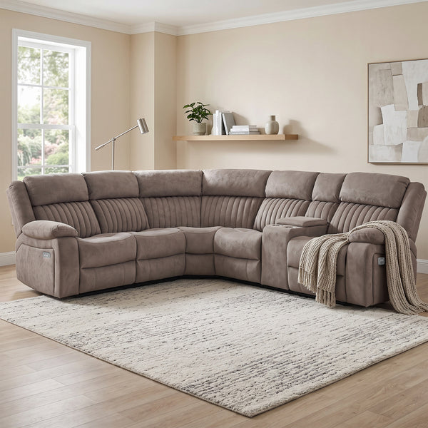Morgan taupe electric recliner corner sofa upright in a living room