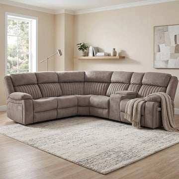 Morgan taupe electric recliner corner sofa upright in a living room