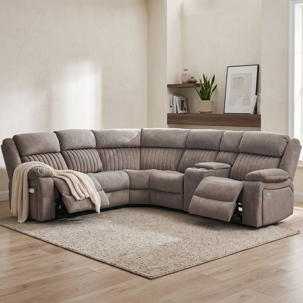 Morgan taupe electric recliner corner sofa reclining in a living room