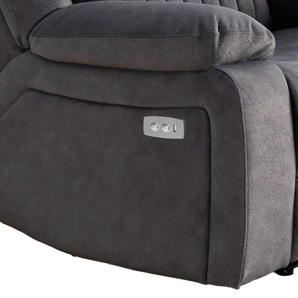 Morgan Electric Recliner Armchair in Slate Grey, close-up of the electric reclining controls beneath the padded armrest