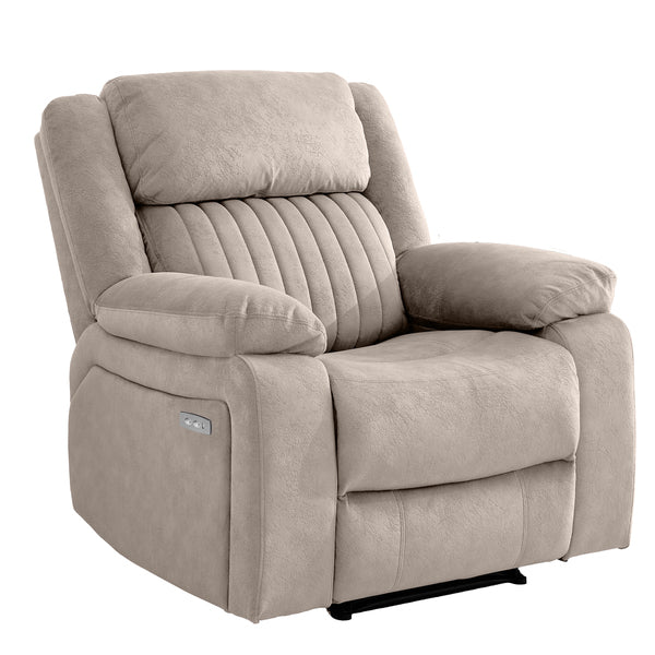 Morgan Electric Recliner Armchair in Taupe, angled view with the footrests closed
