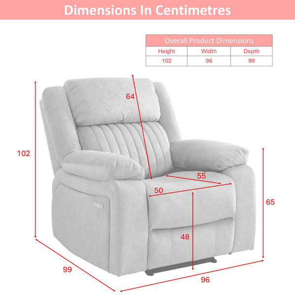 Morgan Electric Recliner Armchair in Taupe, width, depth and height dimension diagram