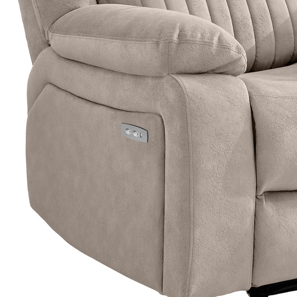 Morgan Electric Recliner Armchair in Taupe, close-up of the electric reclining controls beneath the padded armrest
