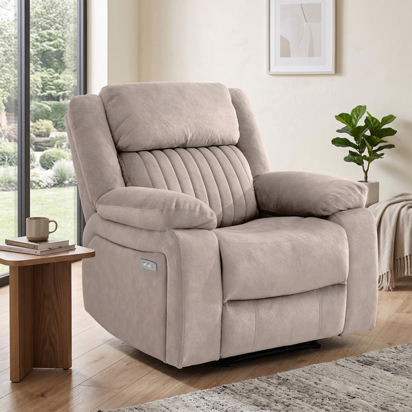 Morgan Electric Recliner Armchair in Taupe, in a living room setting
