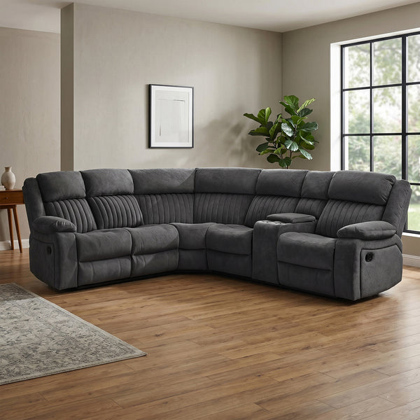 Morgan Iron manual recliner corner sofa upright in a living room